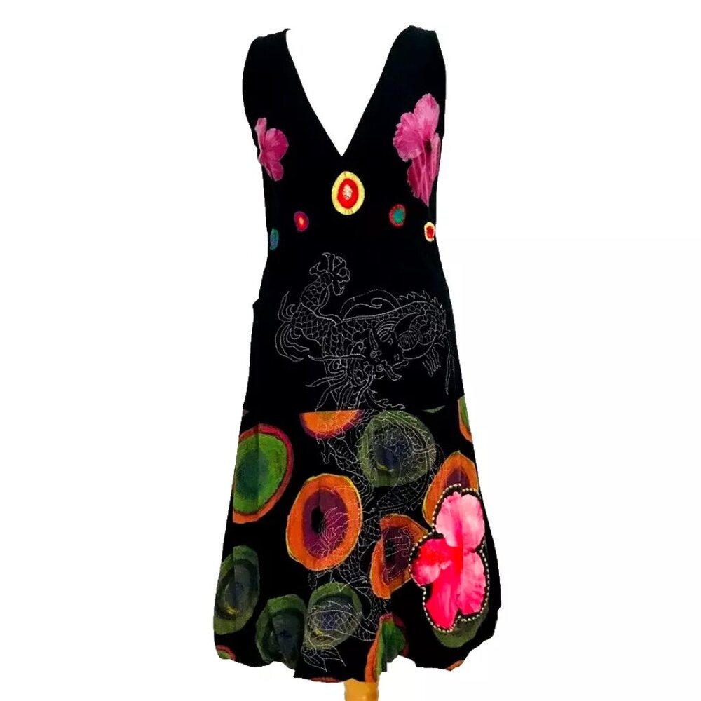 SOLD! DESIGUAL Swing Dress V-neck Floral Rio Flowers Dragons Print Embroidery M - Picture 2 of 13